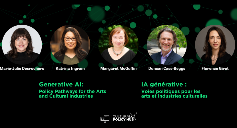 Headshots of five panelists on a black background with small green nodes