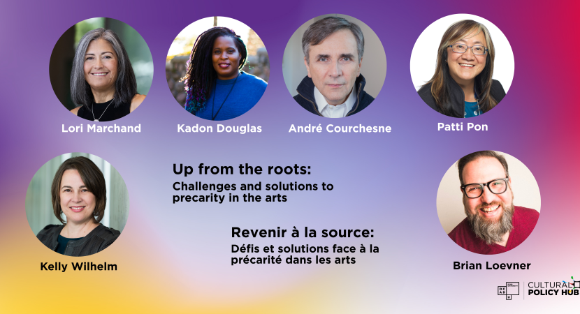 Headshots of six panelists on a background of a gradient of color from pink to purple and yellow