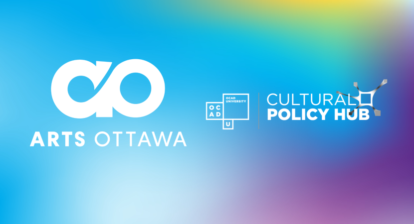 Arts Ottawa and the Cultural Policy Hub's logos on a gradient of blue, purple and yellow