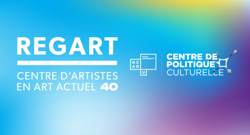Les logos de Regart et du Centre de politique Culturelle sur un fond dégradé bleu, violet et jaune