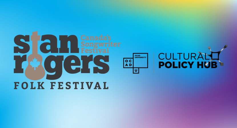 Stan Rogers Folk Festival and the Cultural Policy Hub's logos on a gradient of blue, purple and yellow