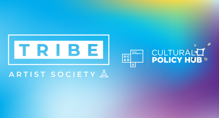 Tribe Artist Society and the Cultural Policy Hub's logos on a gradient of blue, purple and yellow