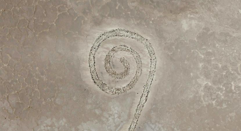 Aerial view of the Spiral Jetty, an earthwork sculpture in Great Salt Lake, Utah.
